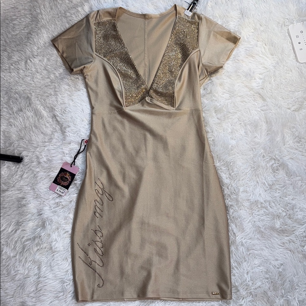 Gold Short Sleeve Dress with Sequin Details